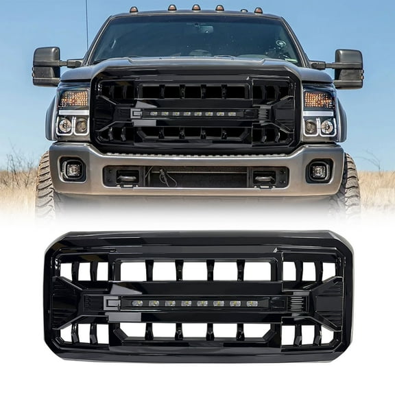 AMERICAN MODIFIED Armor Grille for 11-16 Ford F250 with LED Off Road Lights Glossy Black ABS