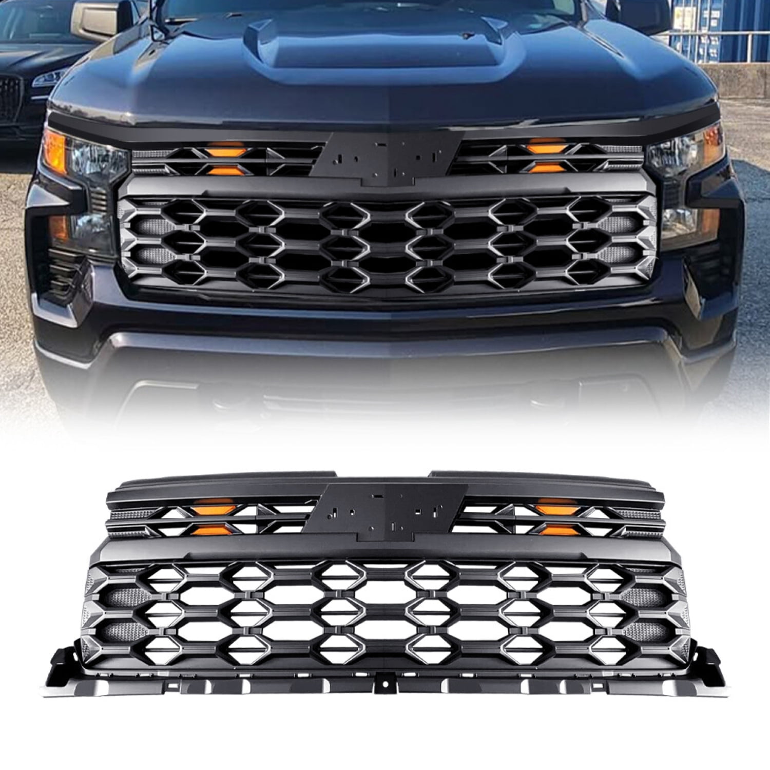 AMERICAN MODIFIED Armor Grille w/Emblem Base, Amber Lights and Front Camera Bracket for 2022-2024 Chevy Silverado 1500, Matte Black ABS