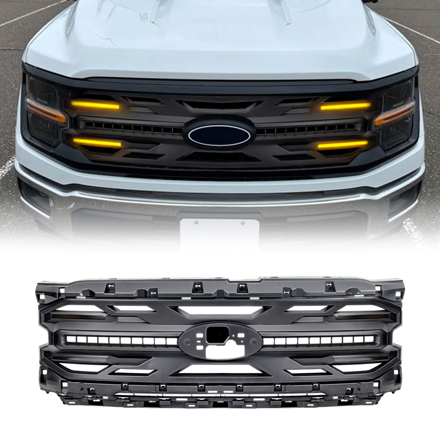 AMERICAN MODIFIED Armor Grille w/LED Amber Lights & Emblem Hole Matte Black ABS For 2024+ Ford F150 Tremor
