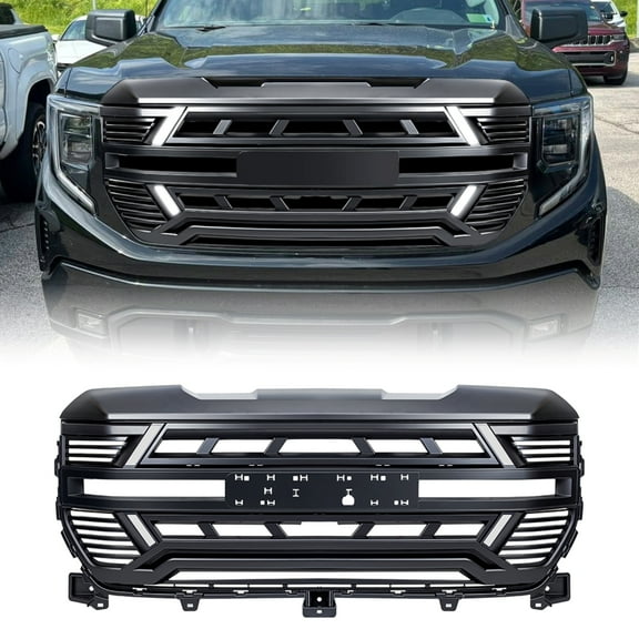 AMERICAN MODIFIED Front Armor Grille W/LED DRL Turn Signal Lights Emblem Base & Camera Bracket Matte Black For 2022+ GMC Sierra 1500