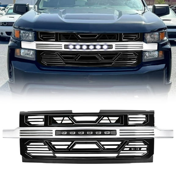 AMERICAN MODIFIED Front Armor Grille W/LED Off-Road Lights Chrome Glossy Black For 2019-2021 Chevy Silverado 1500 WT Custom