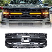 AMERICAN MODIFIED Front Armor Grille w/Smoked Lens DRL Turn Signal Lights Amber Lamps & Emblem Hole Matte Black ABS For 2024+ Ford F150 Tremor