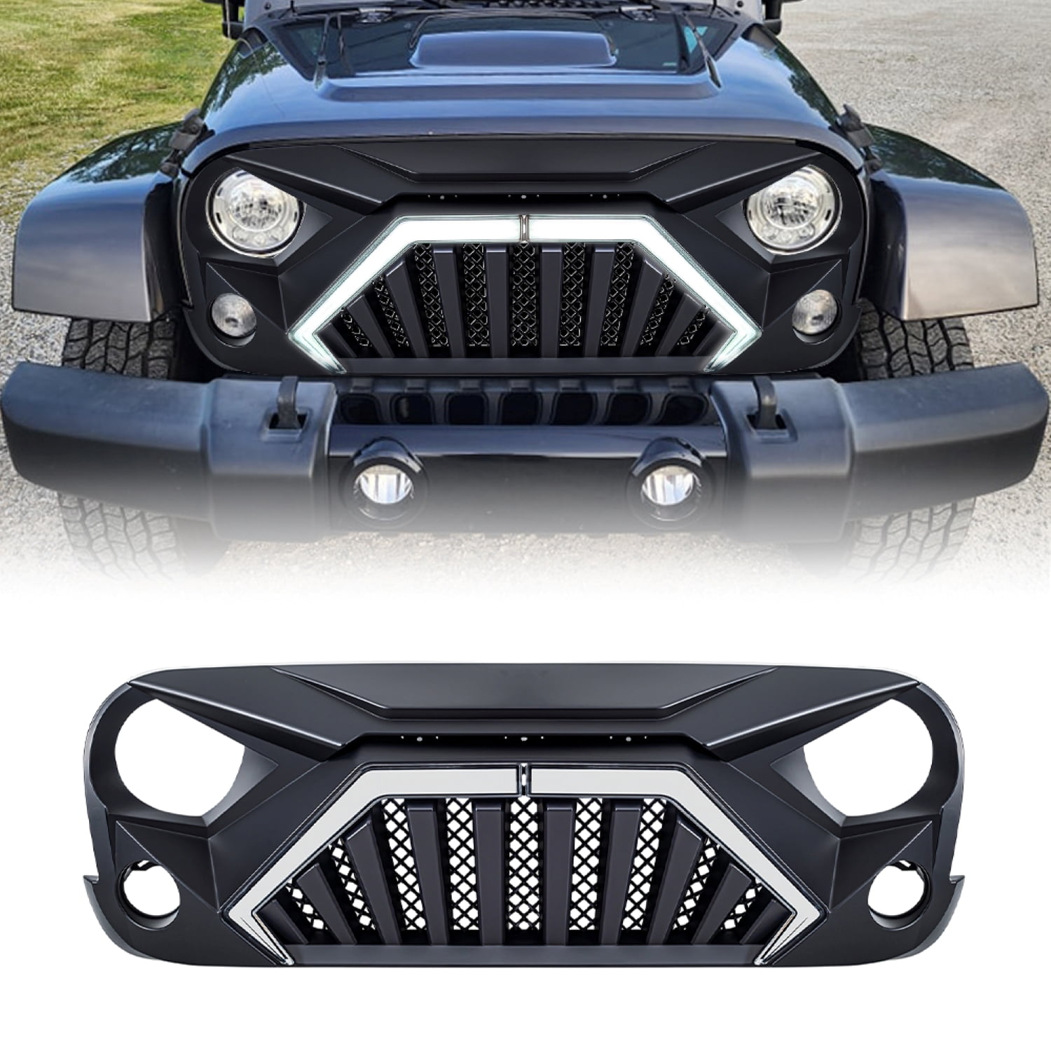 AMERICAN MODIFIED Front Goliath Grille w/LED DRL and Turn Signal Lights Matte Black For 2007-2018 Jeep Wrangler JK JKU