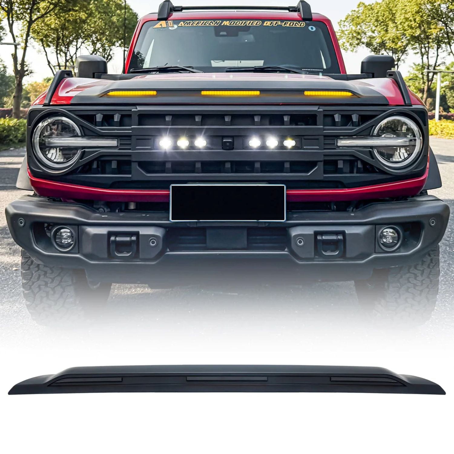 AMERICAN MODIFIED Front Hood Deflector Protector Stone Guard W/LED Amber Lights For 2021-2025 Ford Bronco 2 & 4 Door