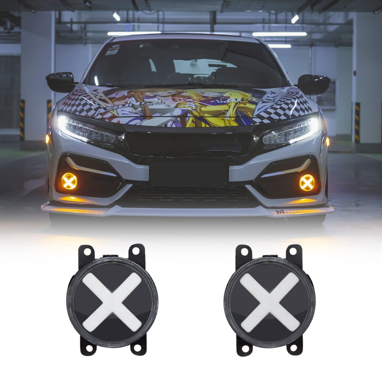AMERICAN MODIFIED X Style LED Front Bumper Fog Lights For 2016-2020 Honda Civic Hatchback
