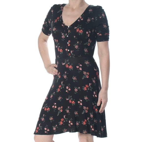 AMERICAN RAG $44 Womens New 1144 Black Floral Ruched Sleeve Fit   Flare Dress XS