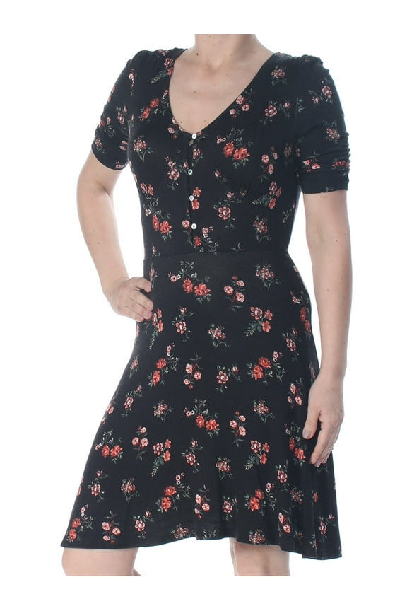 $44 Womens New 1144 Black Floral Ruched Sleeve Fit + Flare Dress XS