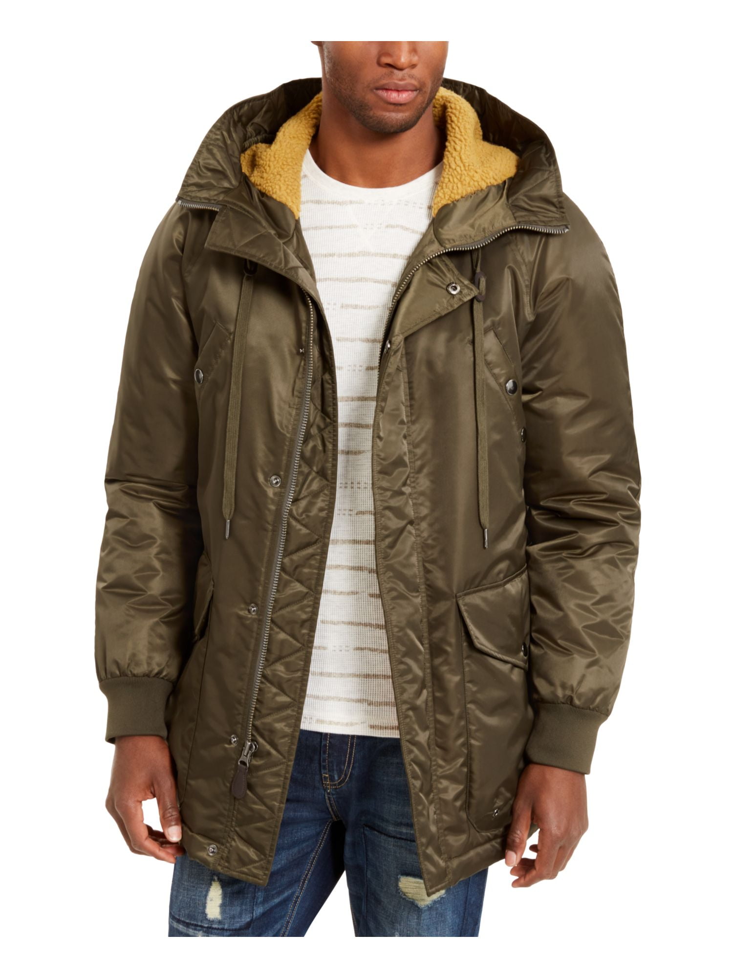Mens green coat with fur hood deals