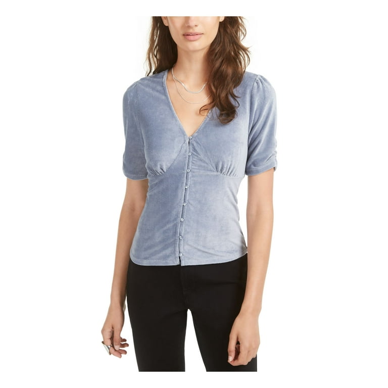 AMERICAN RAG Womens Blue Solid Short Sleeve V Neck Button Up
