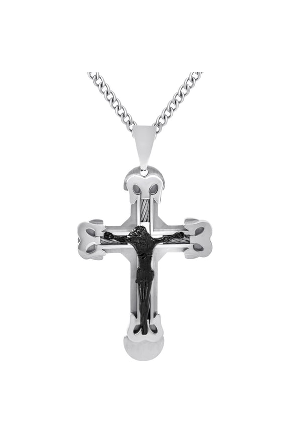 STAINLESS STEEL JEWELRY CROSS WITH CABLE INLAY AND BLACK IP PLATED JESUS RELIGIOUS CRUCIFIX PENDANT NECKLACE INSPIRATIONAL WITH CHAIN
