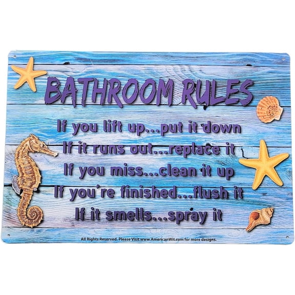 AMERICAN WIT "Bathroom Rules" Metal Tin Sign (8" x 12") Beach Look, Wall Decor for Bars, Restaurants, Homes, Schools, Colleges, Dorms and etc. (Seahorse and Seashell)