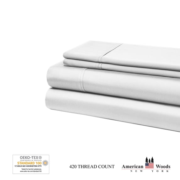 AMERICAN WOODS NEW YORK 420 Thread Count 100 Percent Cotton Sateen Sheet Set Full White