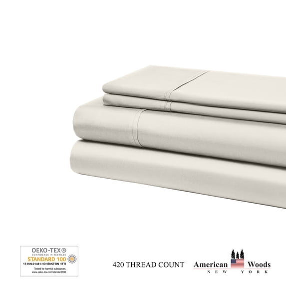 AMERICAN WOODS NEW YORK 420 Thread Count 100 Percent Cotton Sateen Sheet Set King Ivory