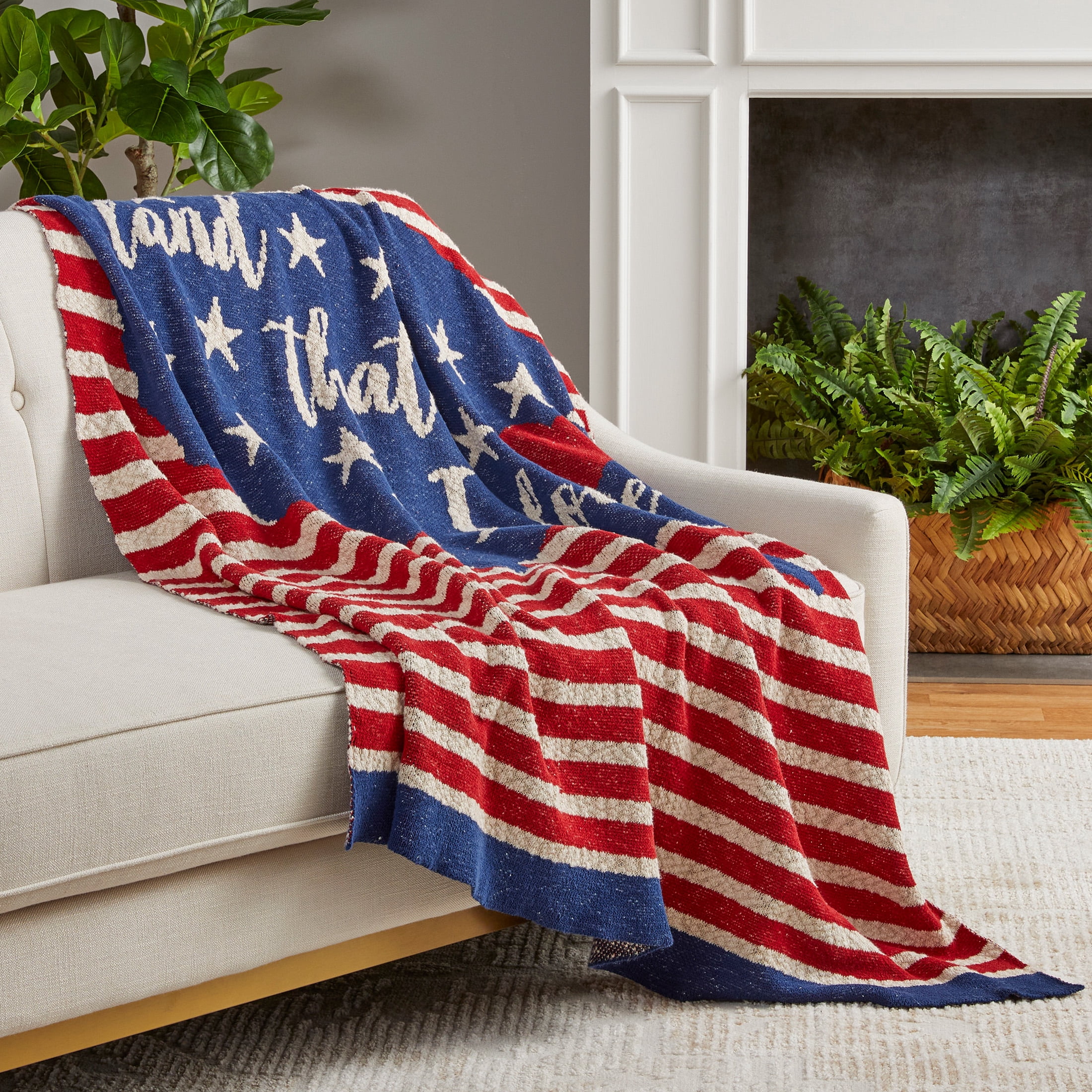 Lanwood Home Americana summer Knitted Throw Blanket, USA American Flag Oversize Throw, Heartland Map