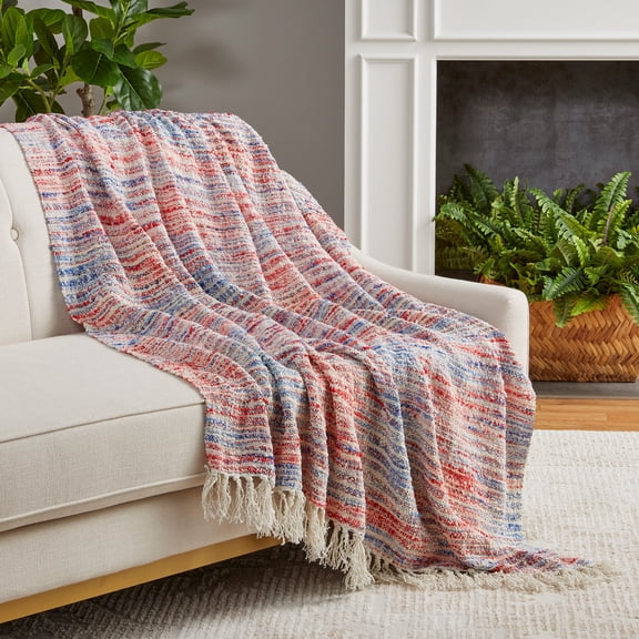 Lanwood Home Americana summer Knitted Throw Blanket, USA American Flag Oversize Throw, Abstract Stripe