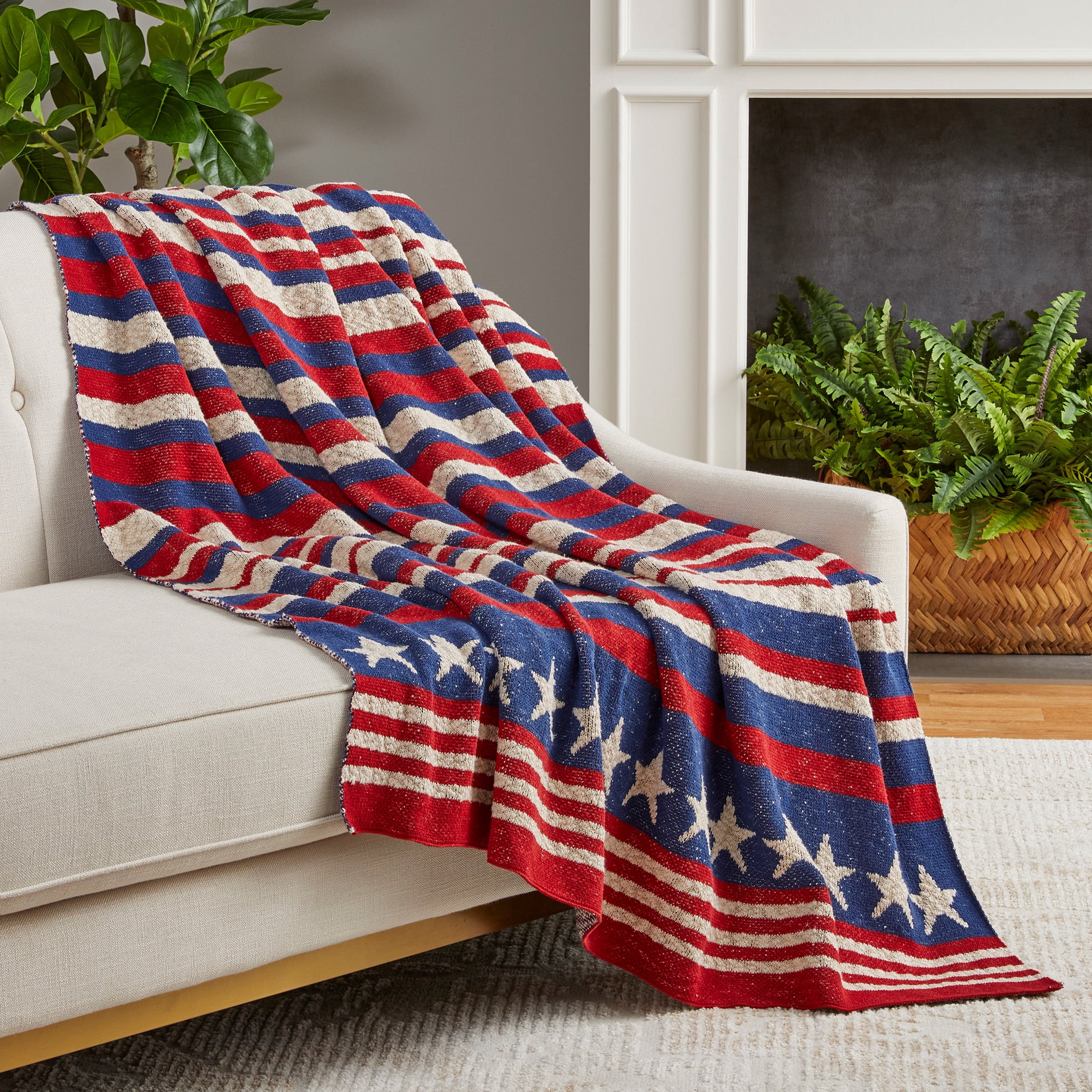 Lanwood Home Americana summer Knitted Throw Blanket, USA American Flag Oversize Throw, Herritage Stripe