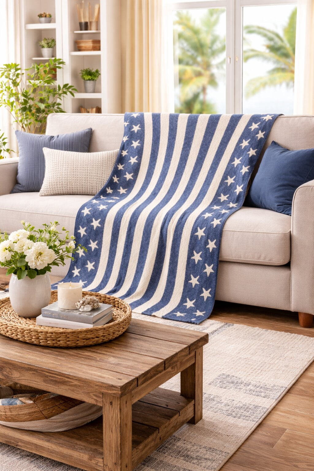 Lanwood Home Americana summer Knitted Throw Blanket, USA American Flag Oversize Throw, Blue Star Stripe