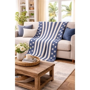 Lanwood Home Americana summer Knitted Throw Blanket, USA American Flag Oversize Throw, Blue Star Stripe