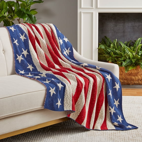 Lanwood Home Americana summer Knitted Throw Blanket, USA American Flag Oversize Throw, Red and Blue Star Stripe