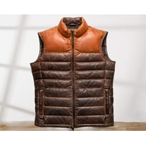 AMERICANSTYLE Brown Leather Vest Motorcycle Down Puffer Quilted Vest Distressed Two Tone Vest