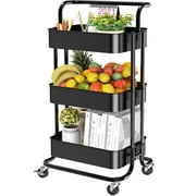 AMERIERGO 3 Tier Mesh Utility Cart Rolling Metal Organization Cart with Handle and Lockable Wheels for Kitchen Living Room Office