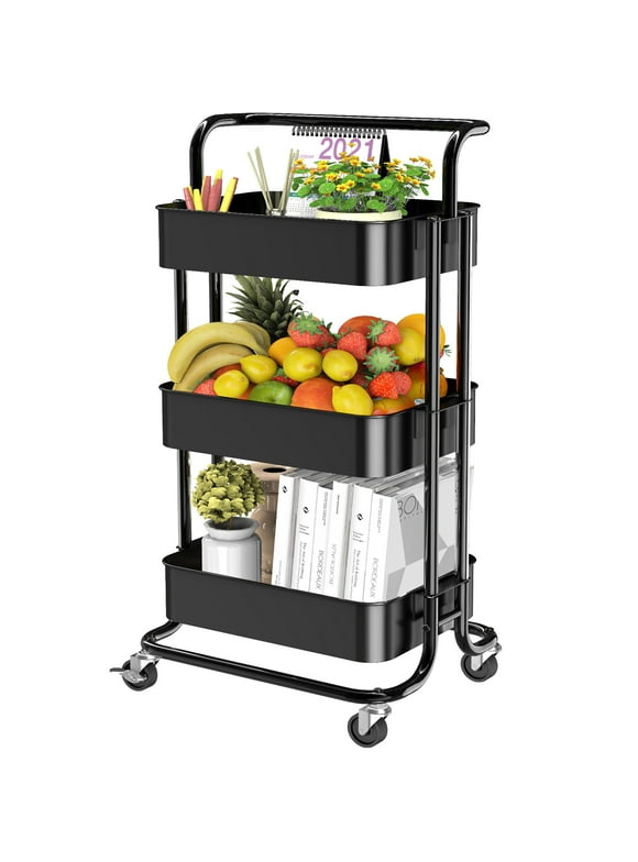 AMERIERGO 3 Tier Mesh Utility Cart Rolling Metal Organization Cart with Handle and Lockable Wheels for Kitchen Living Room Office