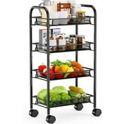 AMERIERGO 4-Tier Rolling Utility Cart Multifunction Metal Storage Cart with 4 Wire Baskets and Lockable Wheels for Home, Office, Kitchen, Bathroom, Bedroom
