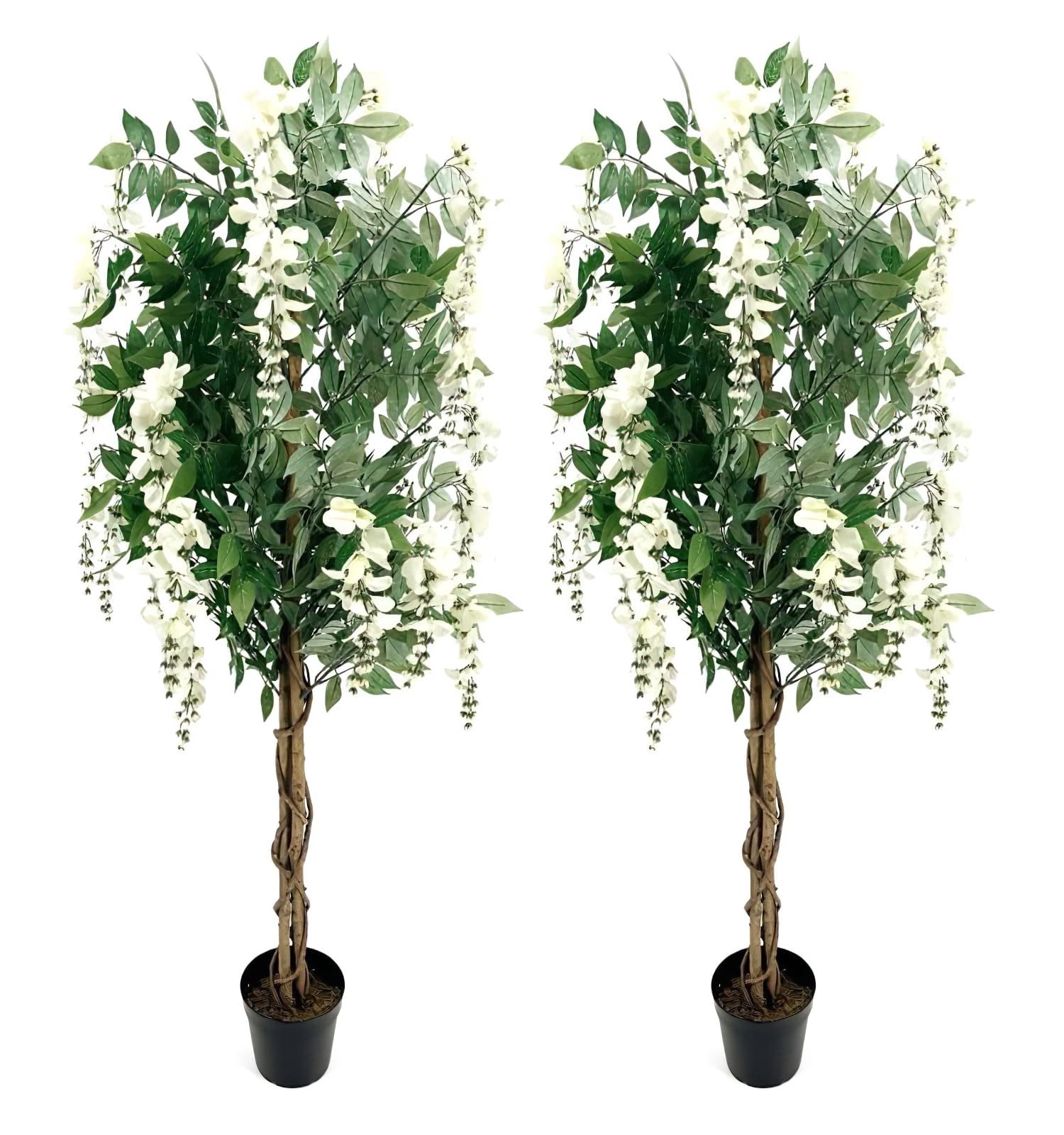 AMERIQUE 5-Foot Artificial Silk Wisteria Tree - Realistic White Flowers With Nursery Pot, Feel Real Technology