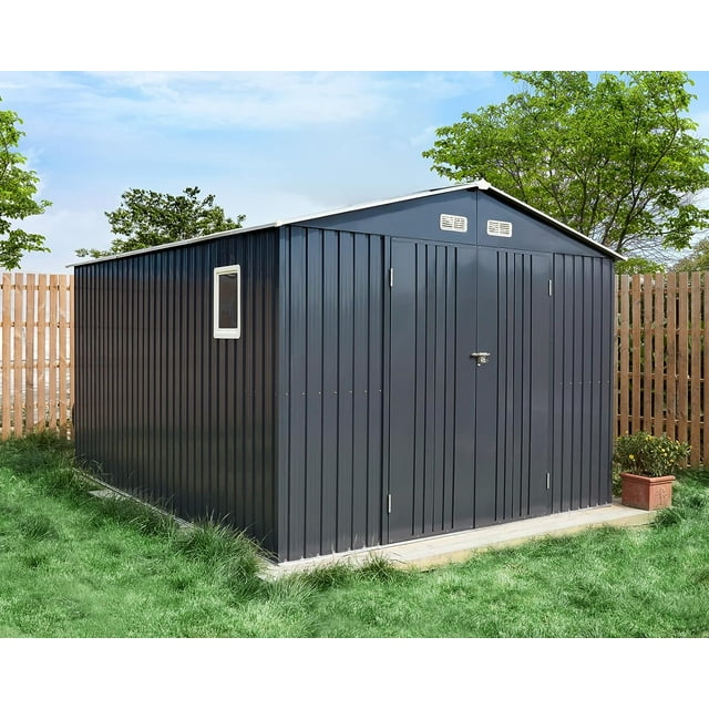 AMERLIFE 10 x 12 x 7.5 ft Galvanized Steel Outdoor Storage Shed with 2 Light Transmitting Window