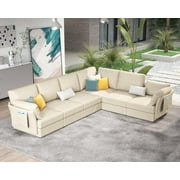 AMERLIFE 124 inch Modular Sectional Sofa, 6 Seats Sofa with Storage, Ottoman, Chenille Beige