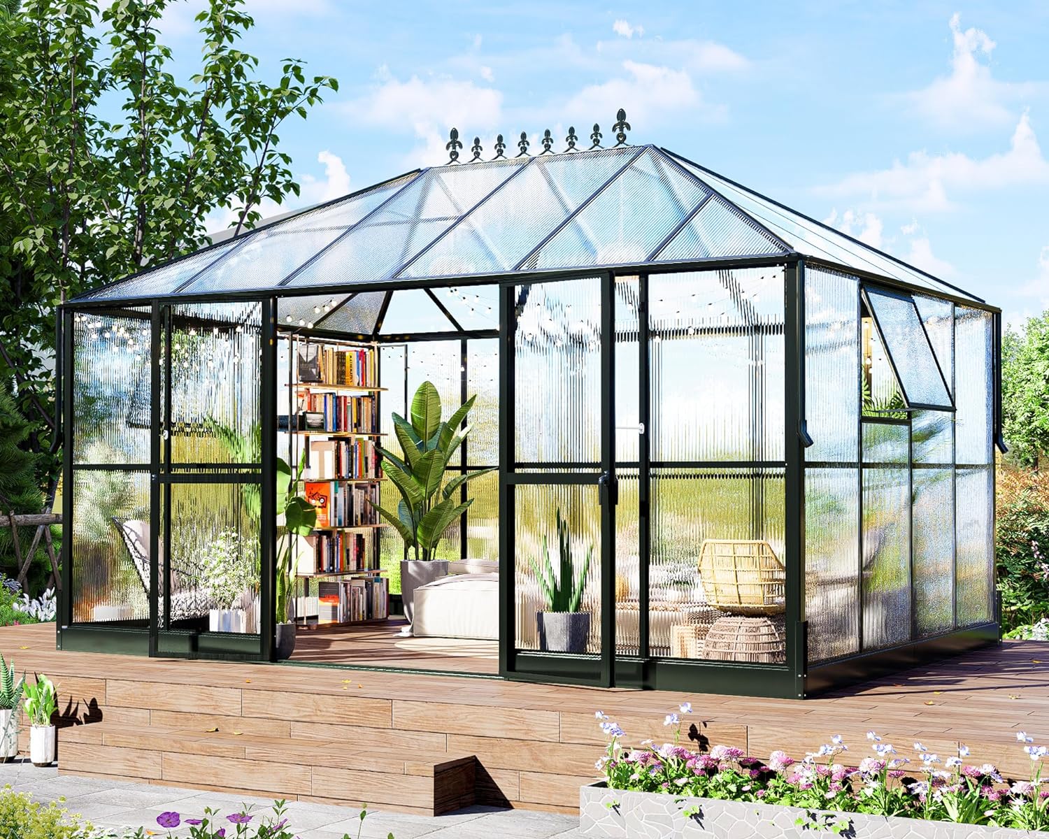 AMERLIFE 14x9.5x9 FT Polycarbonate Greenhouse Double Swing Doors 2 Vents 6FT Added Wall Height, Walk-in Large Winter Greenhouse Sunroom Aluminum Greenhouse for Outdoors, Black - image 1 of 9