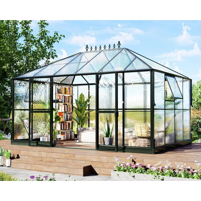 AMERLIFE 14x9.5x9 FT Polycarbonate Greenhouse Double Swing Doors 2 Vents 6FT Added Wall Height, Walk-in Large Winter Greenhouse Sunroom Aluminum Greenhouse for Outdoors, Black