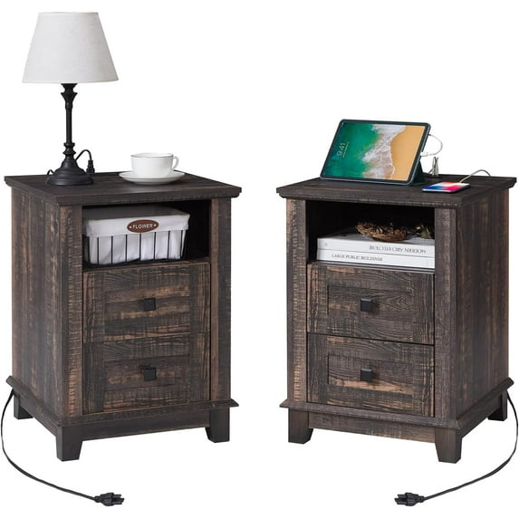 AMERLIFE 18" Farmhouse End Table Set of 2, Nightstand with Charging Station, with 2 Storage Drawers, Bedside Table with USB Ports, Rustic Oak Black