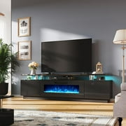 AMERLIFE 2 Tiers Fireplace TV Stand with 40" Fireplace,80" Modern High Gloss Entertainment Center for TVs up to 90", Obsidian Black