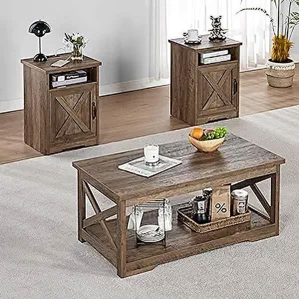 Barnwood Farmhouse 3-Piece Coffee and End Table Set with USB Ports