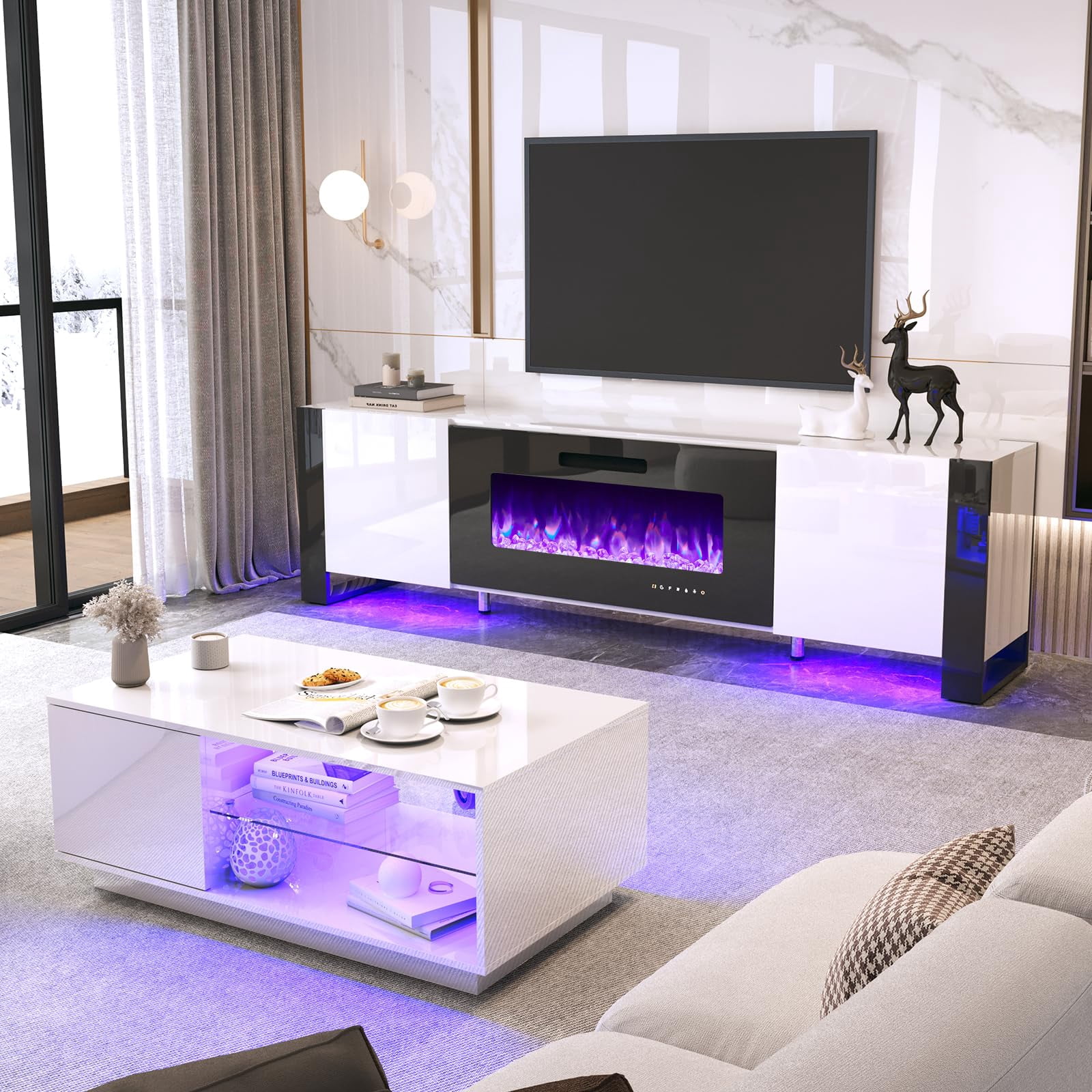 AMERLIFE 3 Piece Living Room Table Sets, 70" Modern High Gloss TV Stand ...