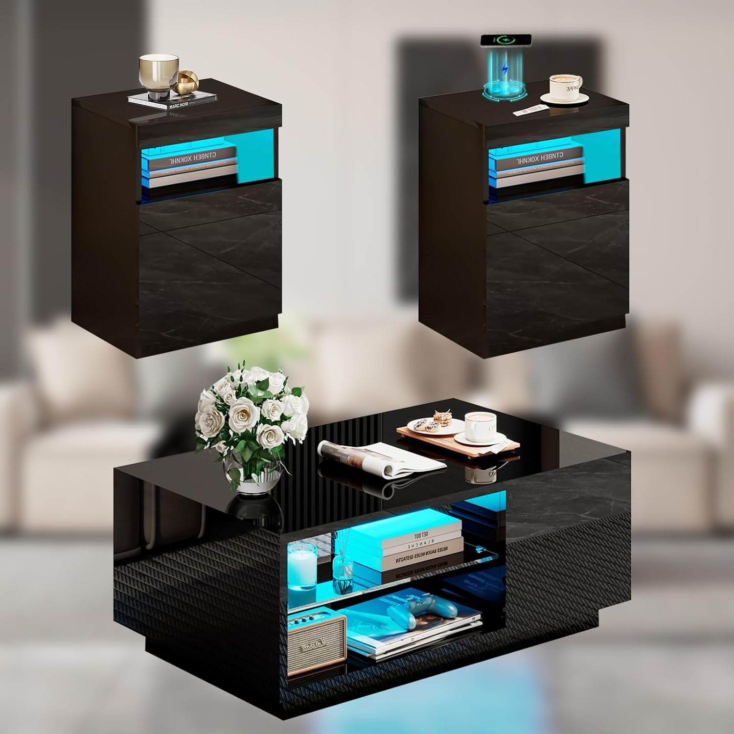 AMERLIFE 3-Piece Modern High Gloss Wooden LED Table Set with Storage ...