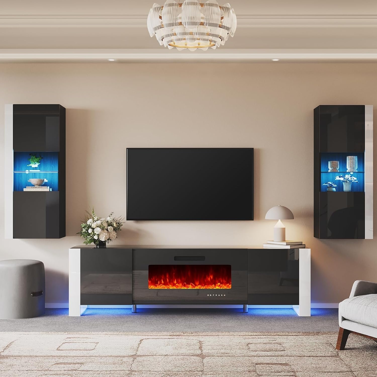AMERLIFE 3-Piece Wall Unit, TV Stand with 40" Heated Fireplace, 2 LED ...