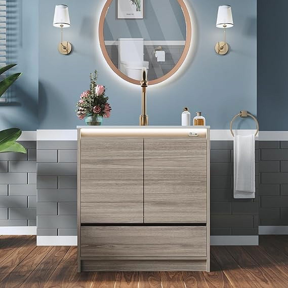 AMERLIFE 31" LED Lights Bathroom Vanity with Sink Combo, MidCentury