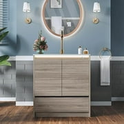 AMERLIFE 31" LED Lights Bathroom Vanity with Sink Combo, Mid-Century Modern Freestanding Small Single Bathroom Cabinet Set with Motion Sensor, Integrated Sink, Soft Closing Doors & Drawers, Gray