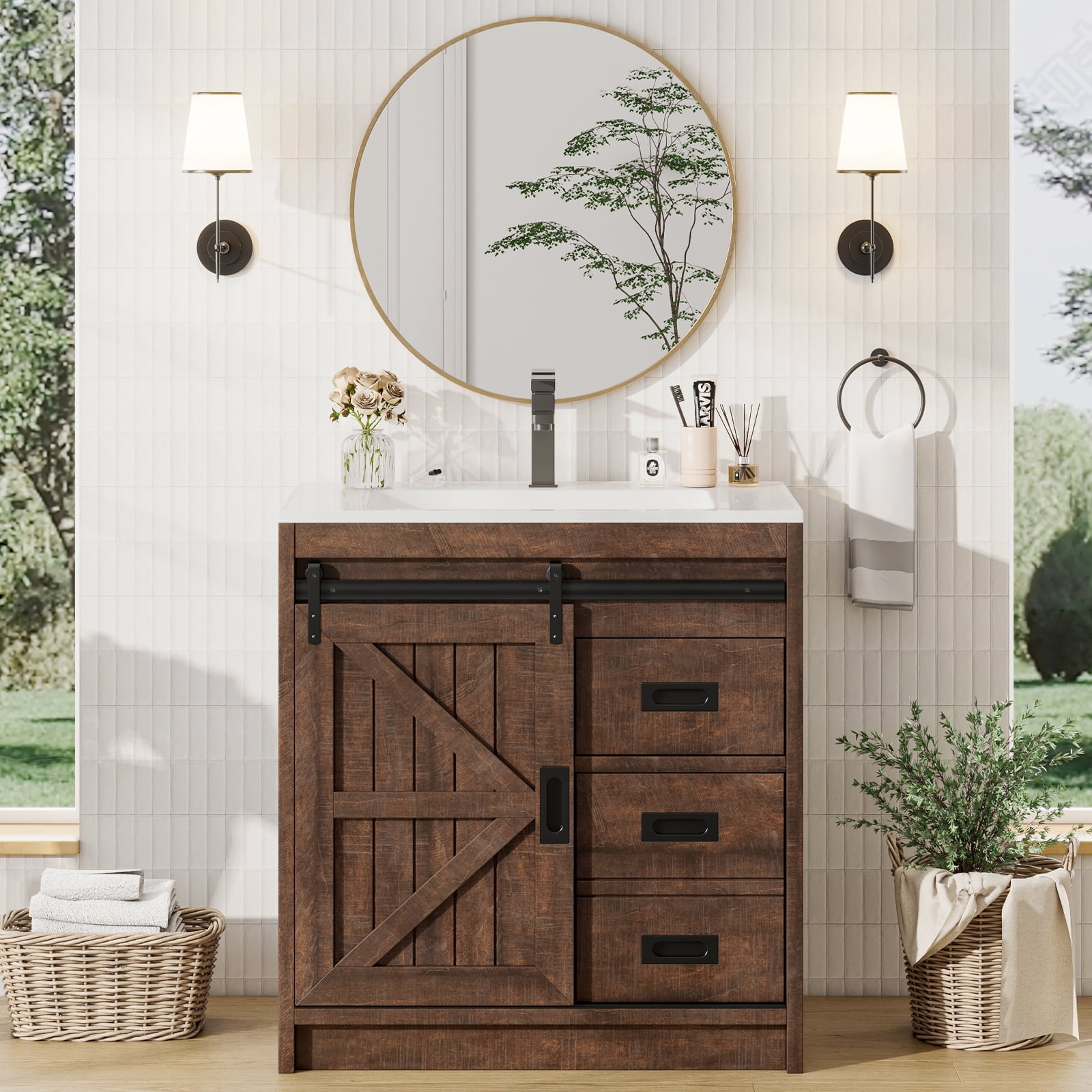 AMERLIFE 31" Sliding Barn Door Bathroom Vanity with Sink, Farmhouse ...