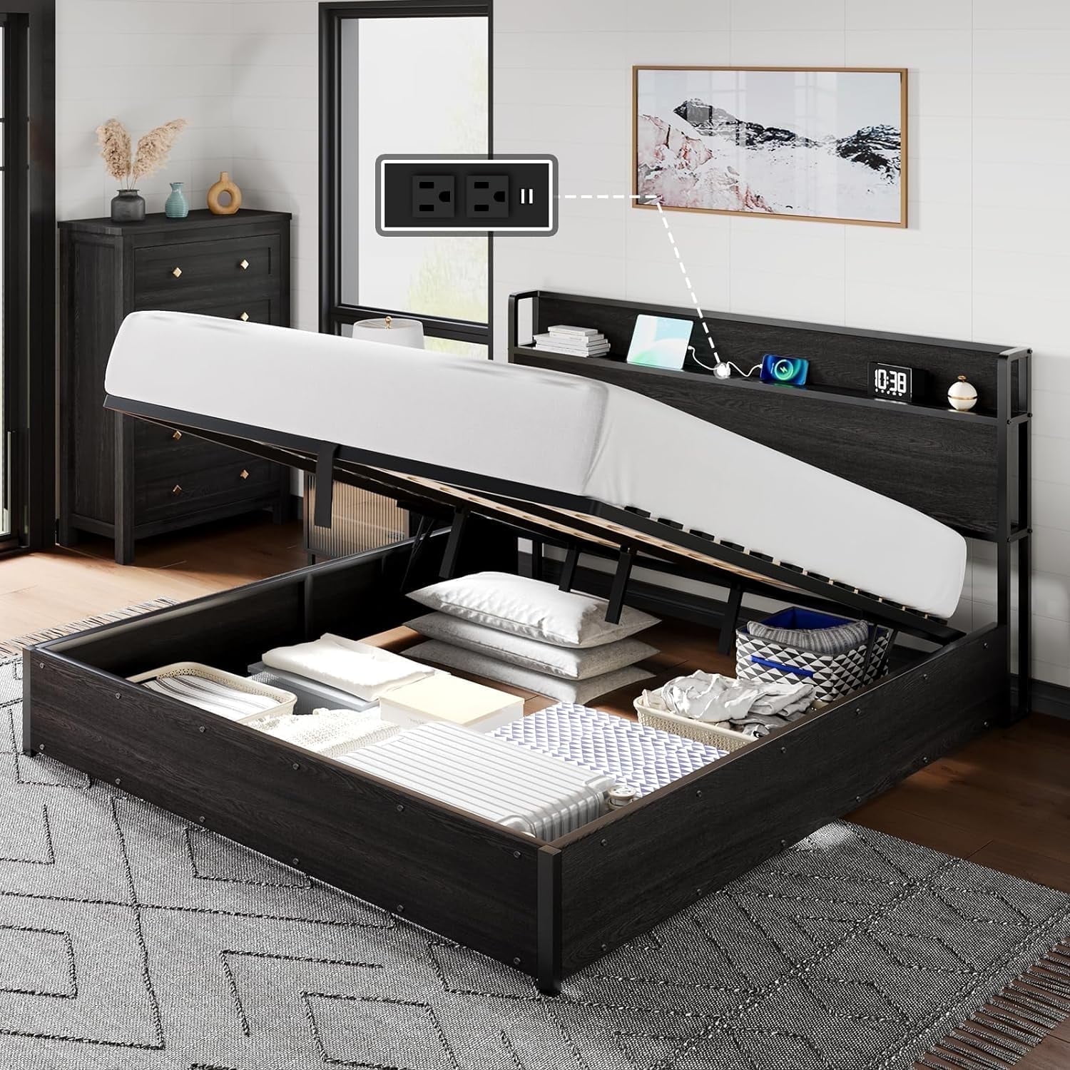 VanAcc 39.2" Lifting Storage & Charging Station Standard Bed Frame, King