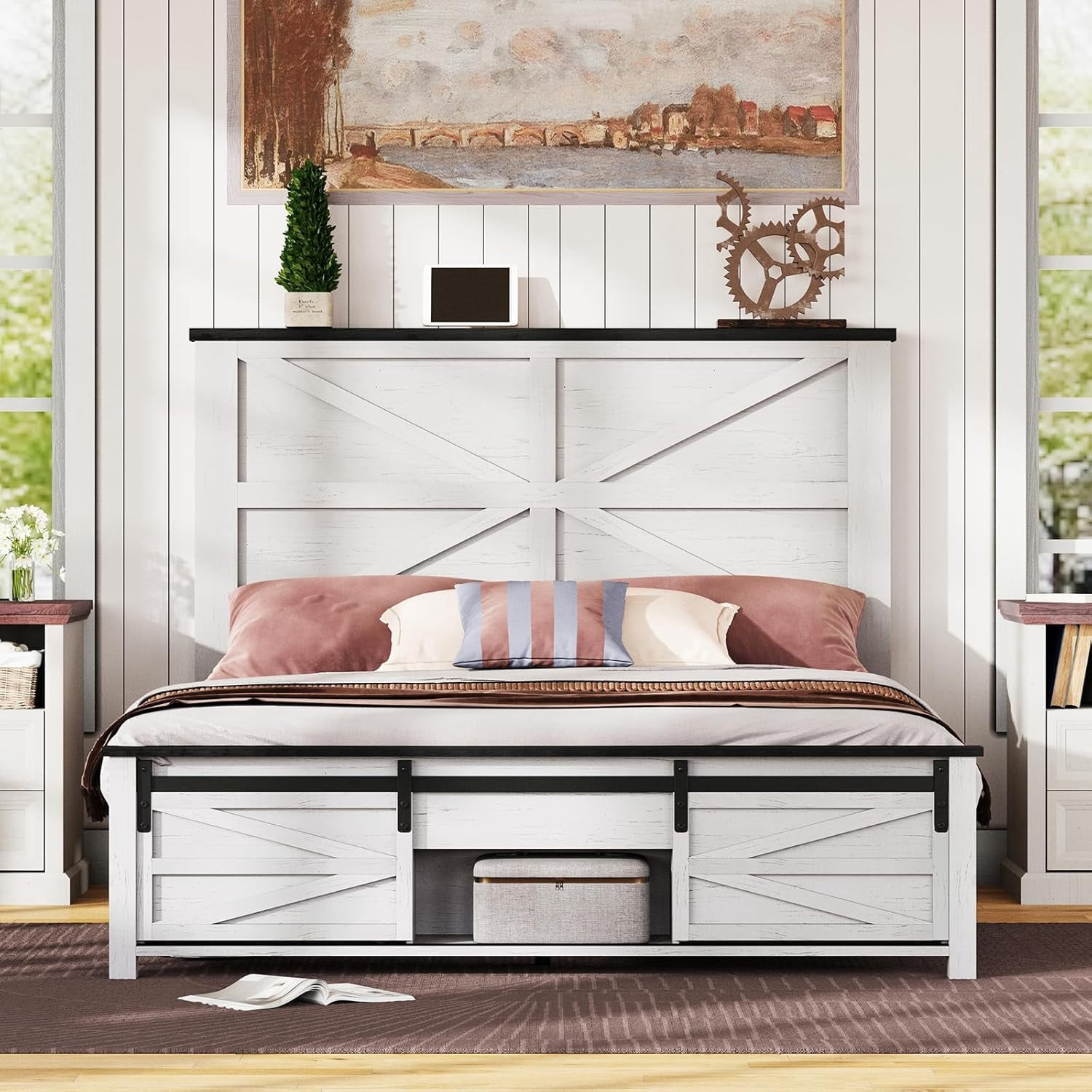 AMERLIFE 48.8" Farmhouse Wood Bed Frame Queen Size with Sliding Barn ...
