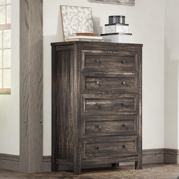 AMERLIFE 5 Drawers Farmhouse Dresser for Bedroom, Wood 47" Tall Dresser for Closet, Natural Texture Chest of Drawers for Hallway, Entryway, Dark Oak