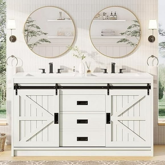 Merluxy 61" Farmhouse Double Bathroom Vanity with Sink Combo, Dual Basin Bathroom Storage Cabinet, Large Double Bath Vanity Sink Set, Rustic White