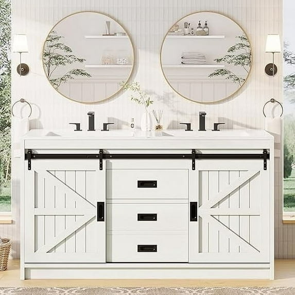 Merluxy 61" Farmhouse Double Bathroom Vanity with Sink Combo, Dual Basin Bathroom Storage Cabinet, Large Double Bath Vanity Sink Set, Rustic White