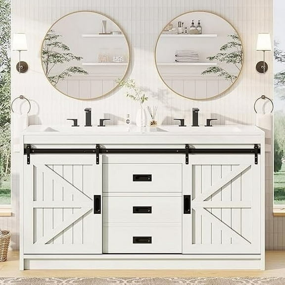 Merluxy 61" Farmhouse Double Bathroom Vanity with Sink Combo, Dual Basin Bathroom Storage Cabinet, Large Double Bath Vanity Sink Set, Rustic White