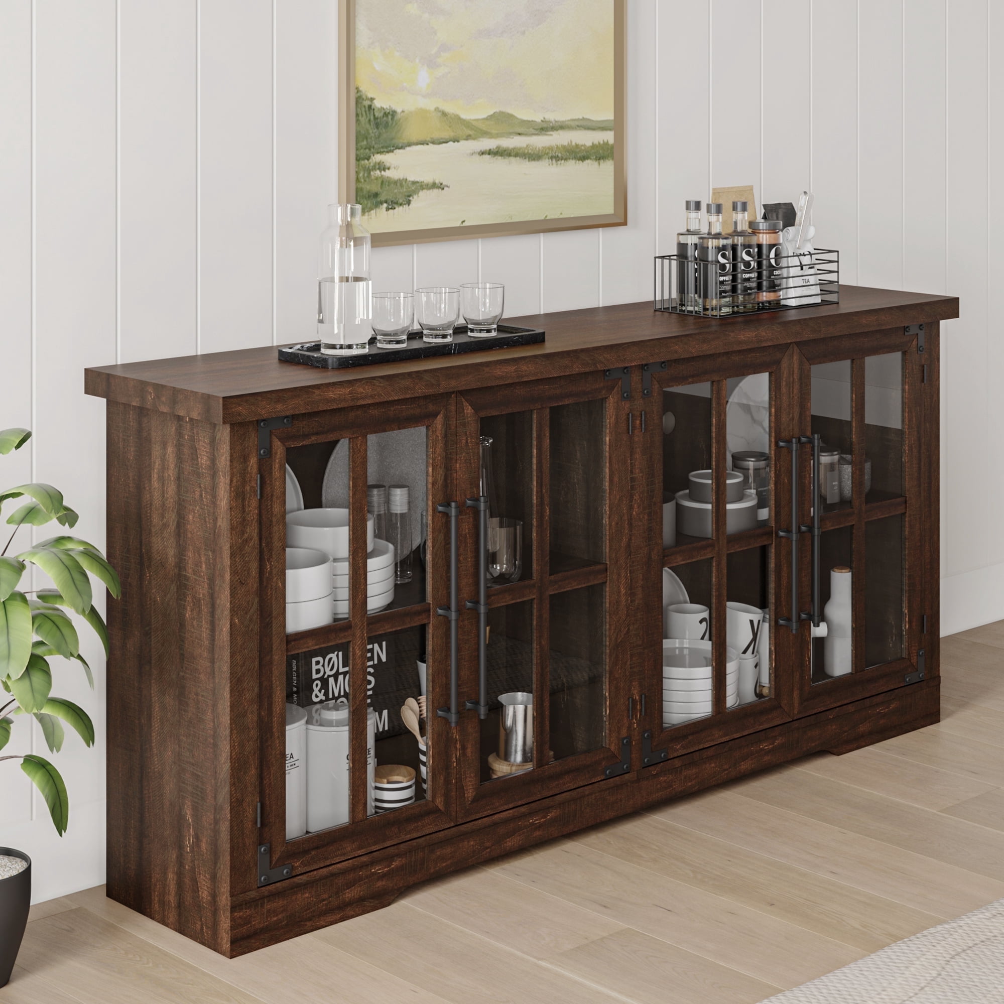 Brown 63" Rustic Wood Sideboard with Glass Doors