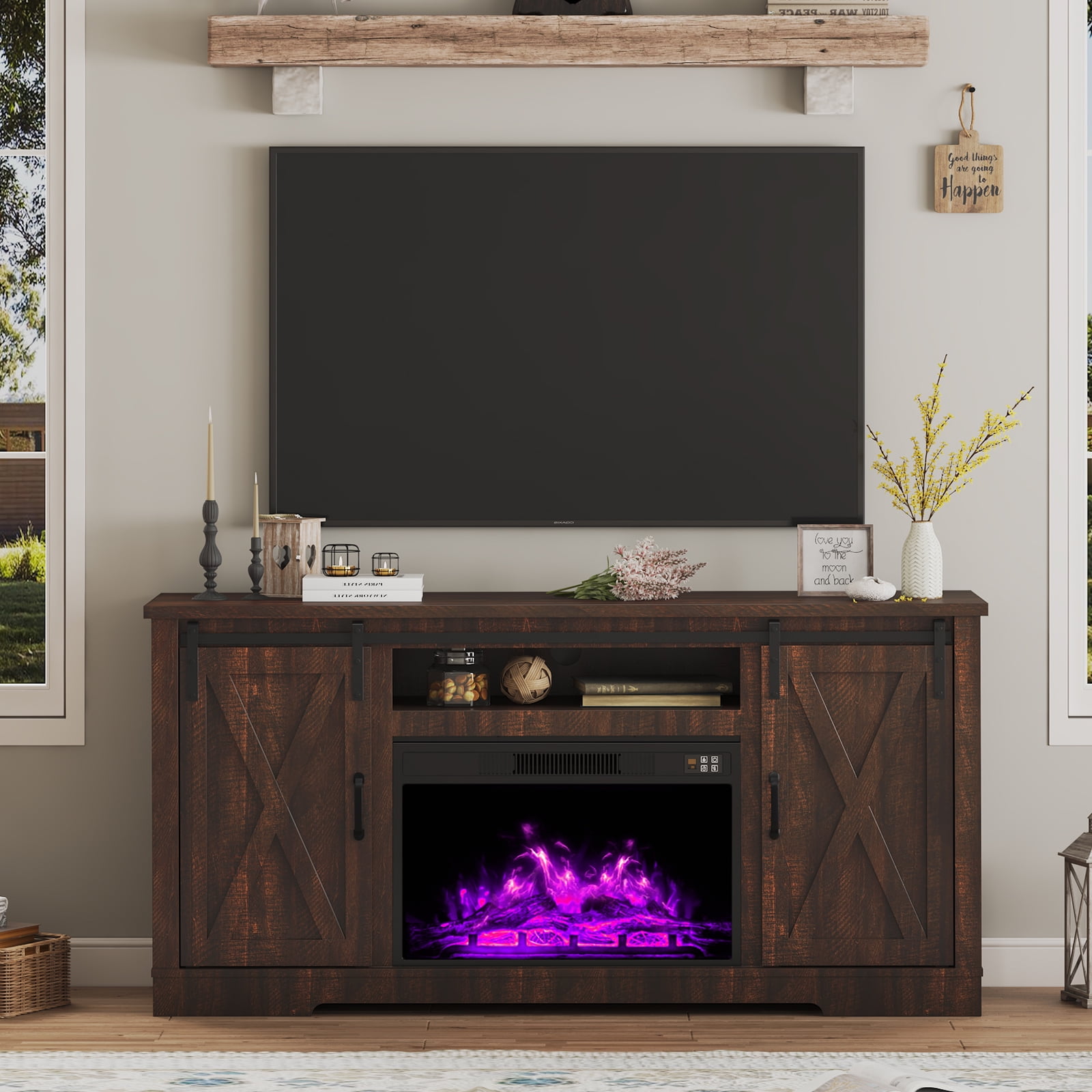 AMERLIFE 63" Fireplace TV Stand with Sliding Barn Door & Adjustable