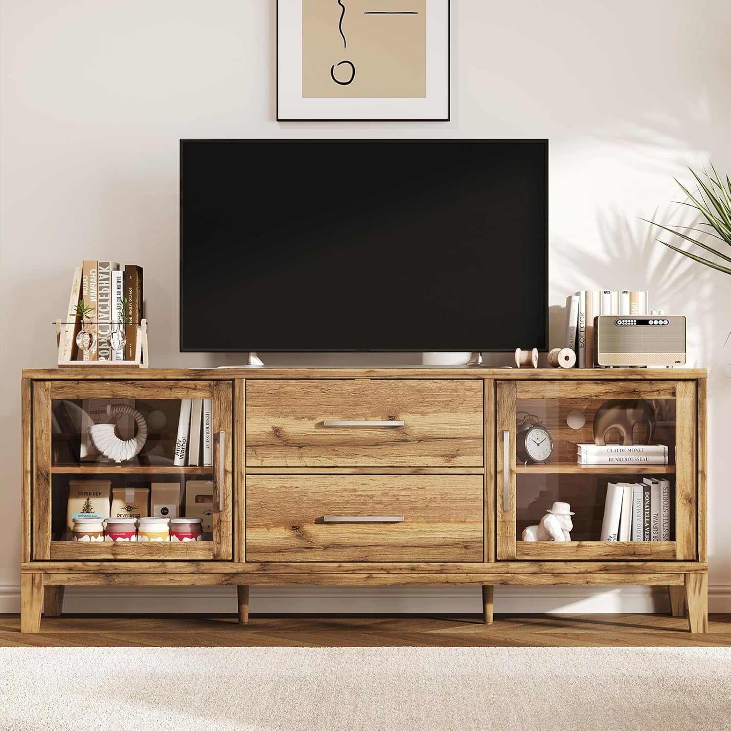 AMERLIFE 63" TV Stand with Storage Drawers, Rustic Wood Grain ...